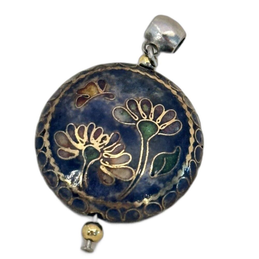 Vintage cloisonne enamel butterfly and floral round pendant double sided